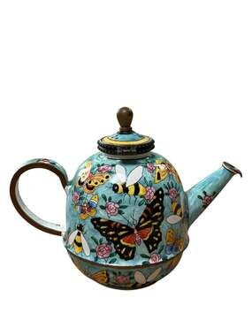 Vintage 1999 Kelvin Chen Enamel Teapot Trinket Box Butterfly and Bee Motif